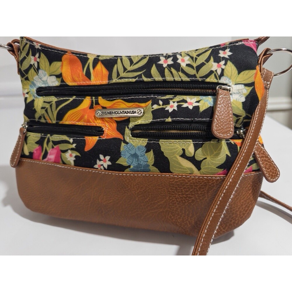 Stone Mountain Floral Crossbody Bag Brown Multi Zip Shoulder Purse